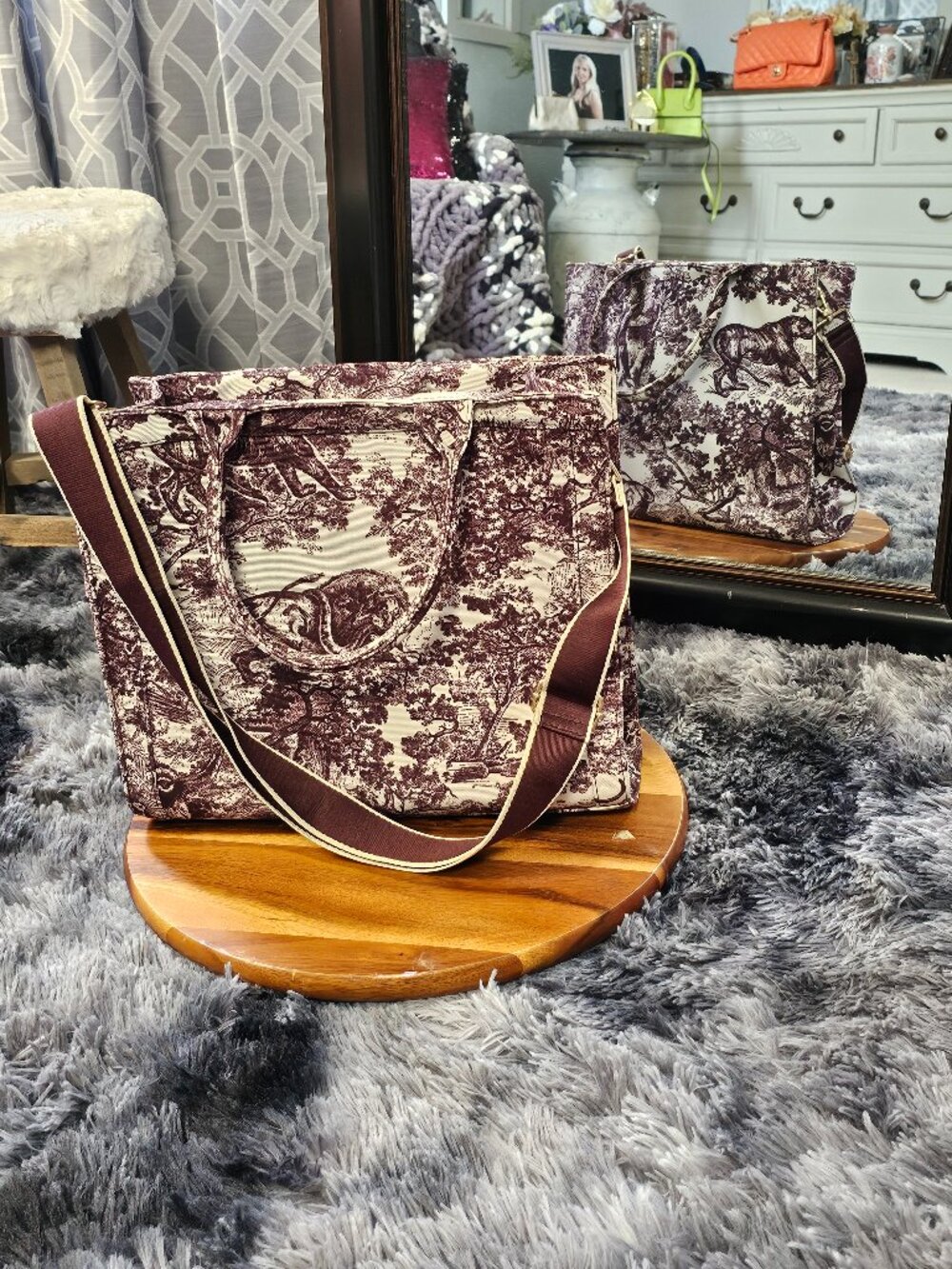 Sincerely Jules Toile Print Tote Bag • Burgundy & Cream • Shoulder Bag
